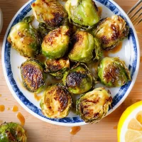 Citrus Roasted Brussels Sprouts in a Serving Dish