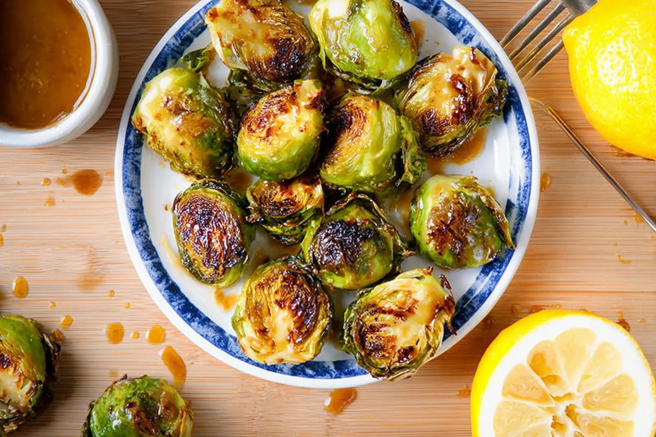 Citrus Roasted Brussels Sprouts in a Serving Dish