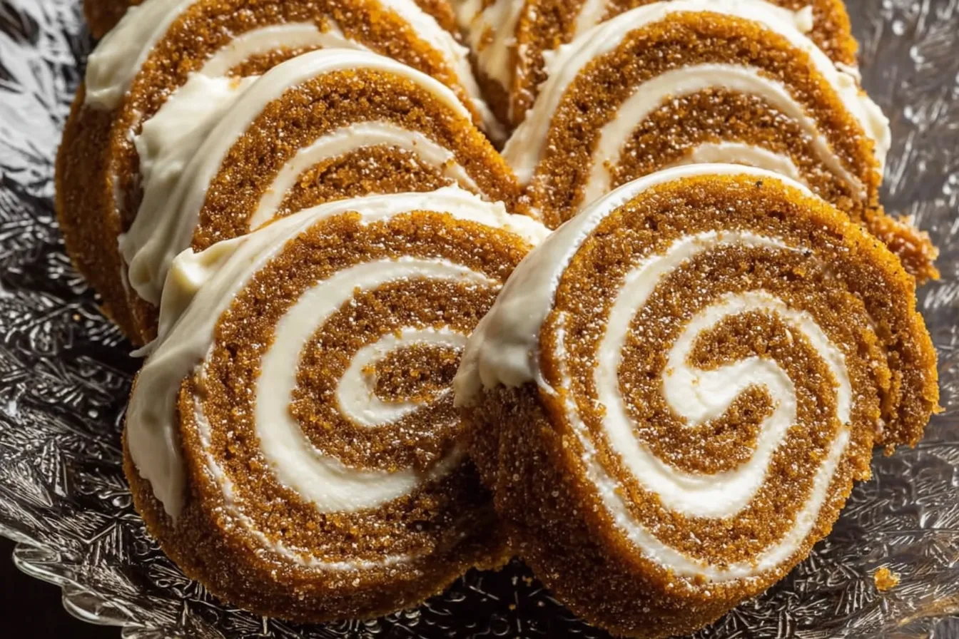 Creamy Pumpkin Spice Roll Cake Sliced