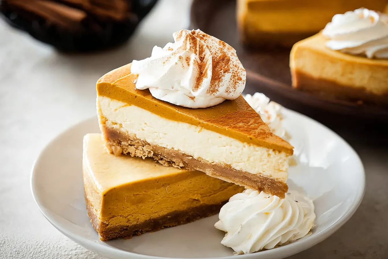 Easy Pumpkin Pie Cheesecake Slice on a Plate