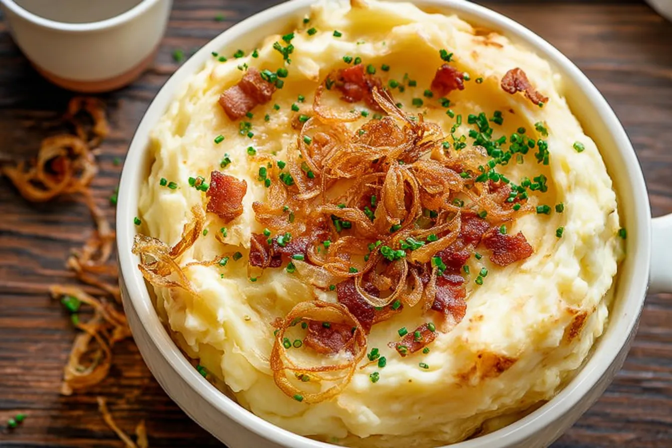 Loaded Garlic Mashed Potatoes with Crispy Shallots