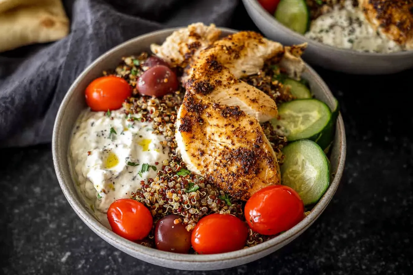 Mediterranean Chicken and Quinoa Bowl with Lemon Dressing