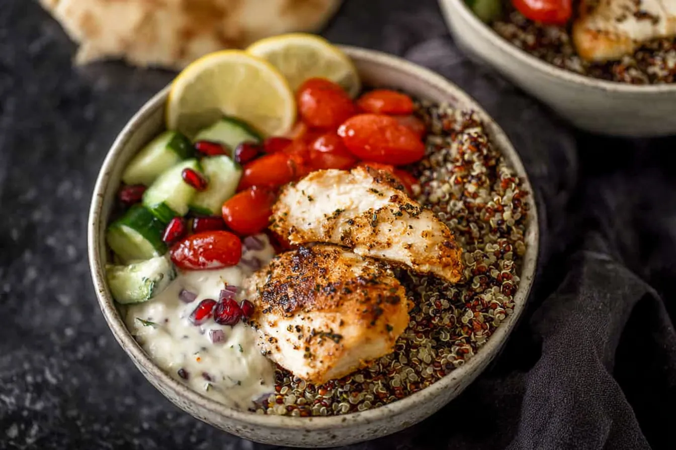Mediterranean Chicken and Quinoa Bowl with Lemon Dressing