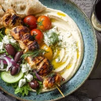 Mediterranean Chicken Skewers with Hummus on a Plate