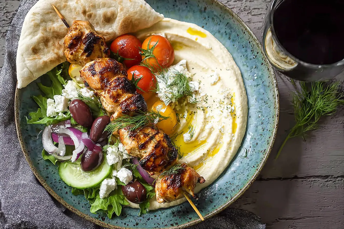 Mediterranean Chicken Skewers with Hummus on a Plate
