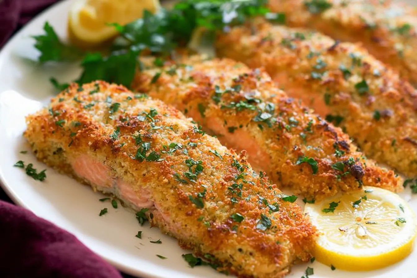 Perfectly Baked Parmesan Crusted Salmon on Plate