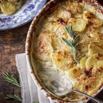 Roasted Garlic and Rosemary Potato Gratin in a Baking Dish