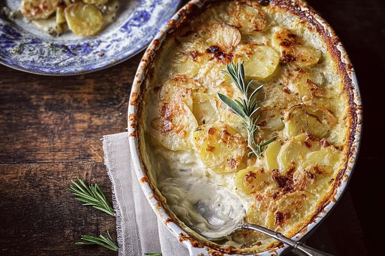Roasted Garlic and Rosemary Potato Gratin in a Baking Dish