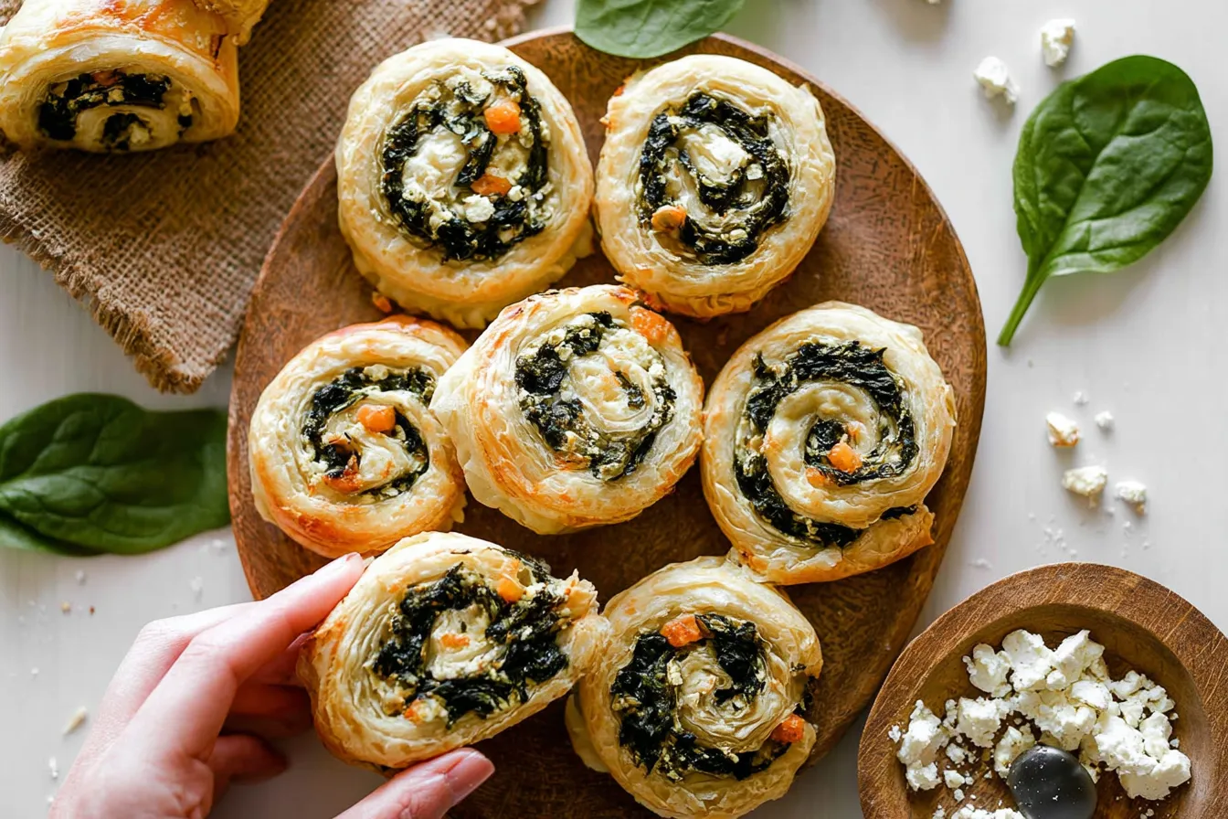 Spinach and Feta Puff Pastry Roll Ups on a Platter