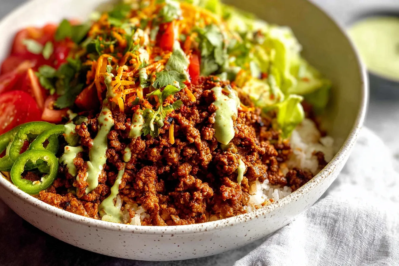Beef Taco Rice Bowls – Lean ground beef and fresh toppings
