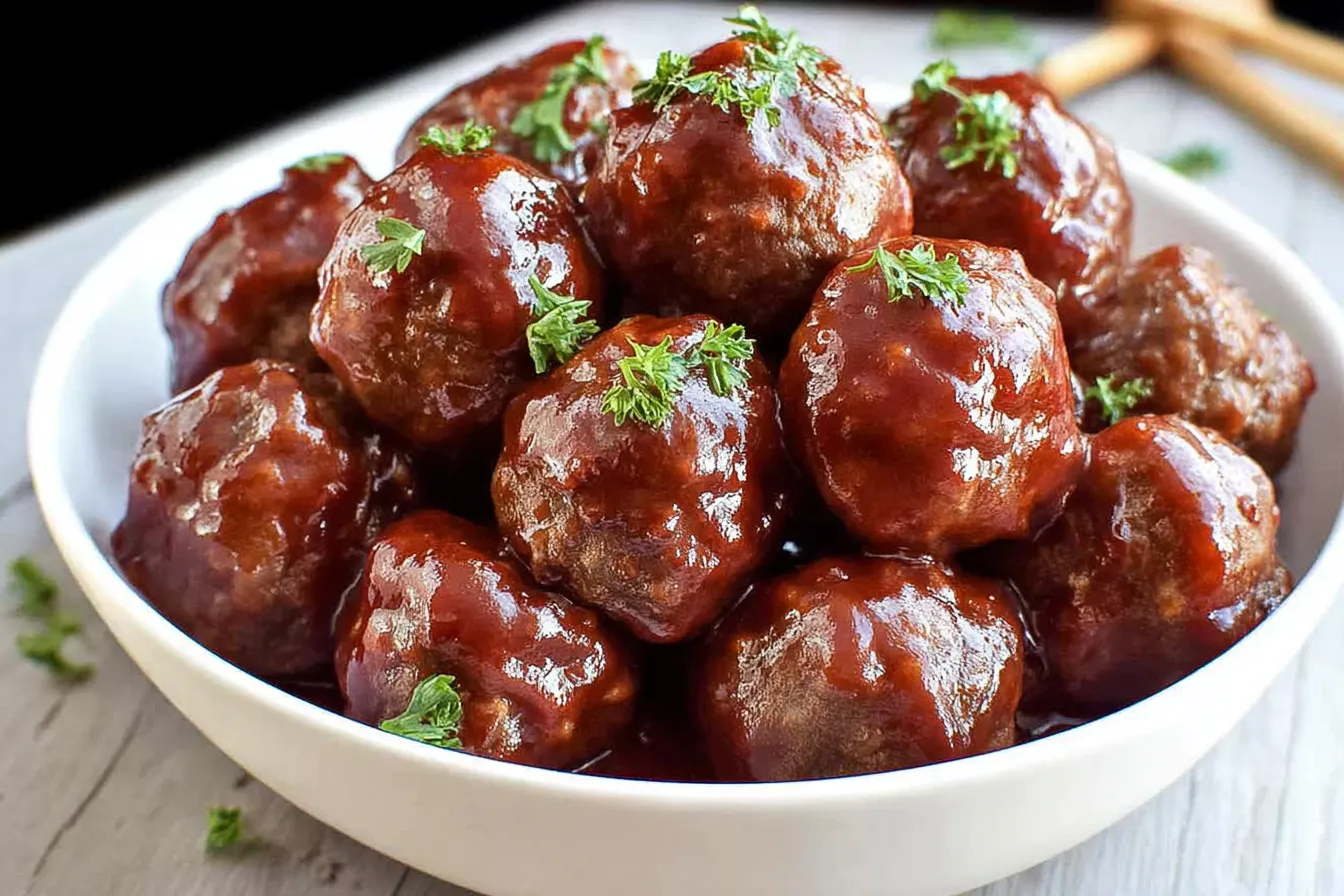 Christmas Cranberry Cocktail Meatballs – Sweet-tart cranberry glaze over tender beef meatballs.