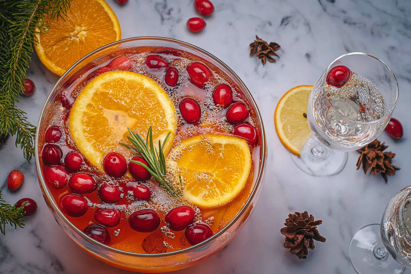Christmas Eve Mocktail Punch – Bubbly citrus base with festive cranberries.