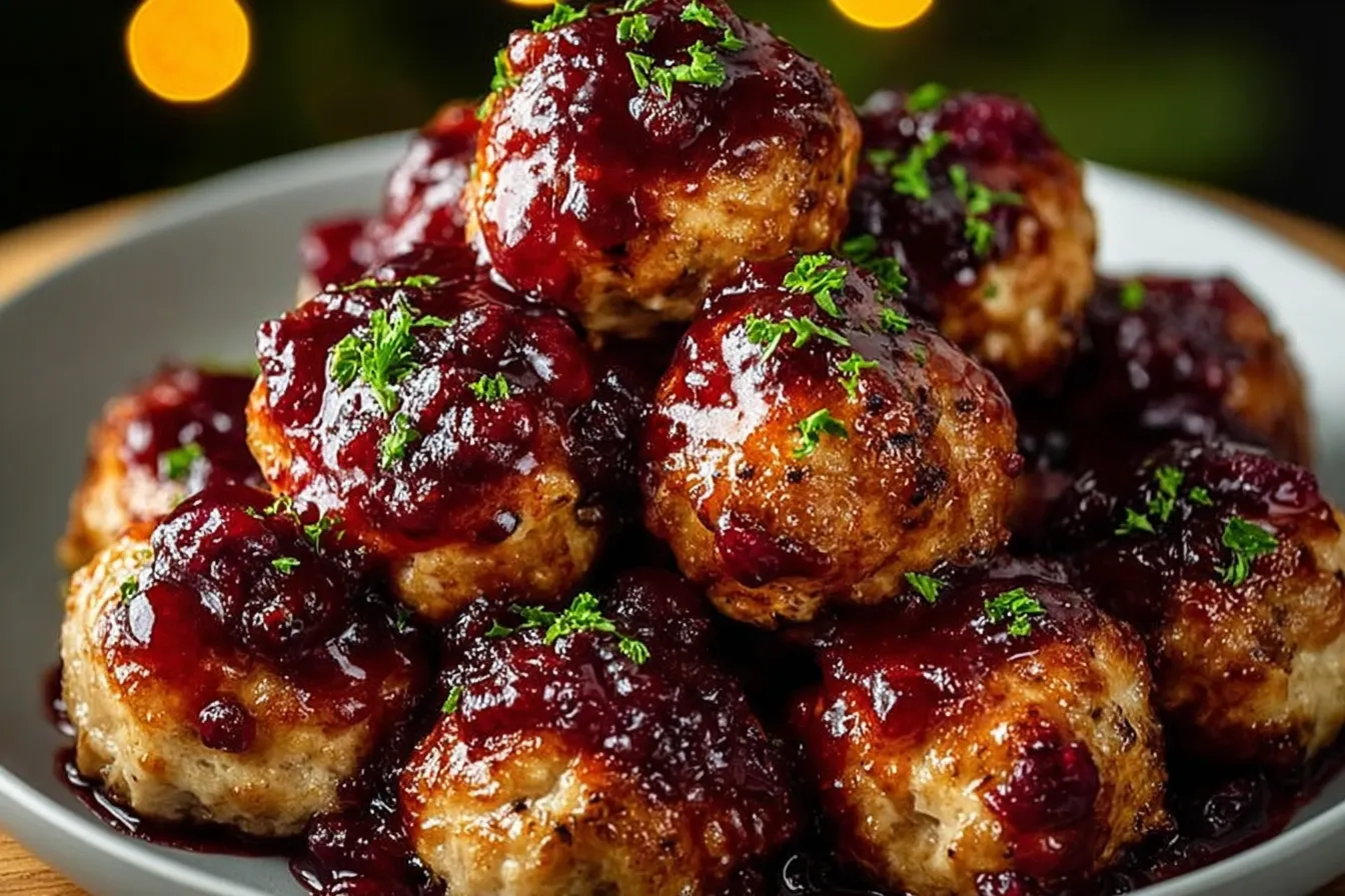 Cranberry Glazed Chicken Meatballs Ready to Serve