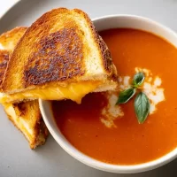 Easy Tomato Soup Next to Grilled Cheese Sandwich