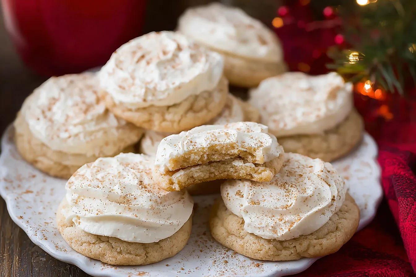 Eggnog Crinkle Cookies – Soft, powdered sugar-covered bites.