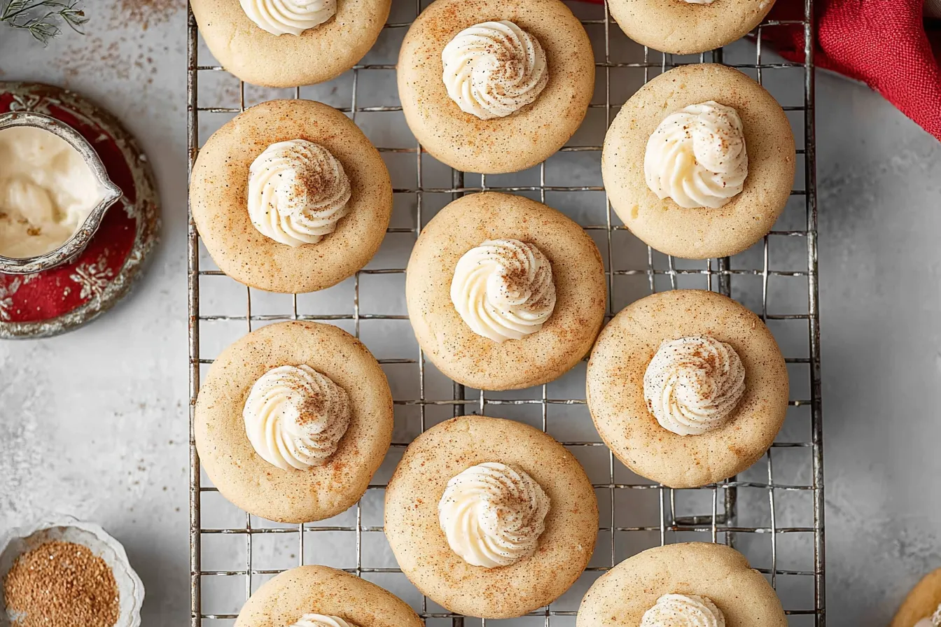 Eggnog Snickerdoodle Thumbprint Cookies – Buttery and spiced with a creamy center.