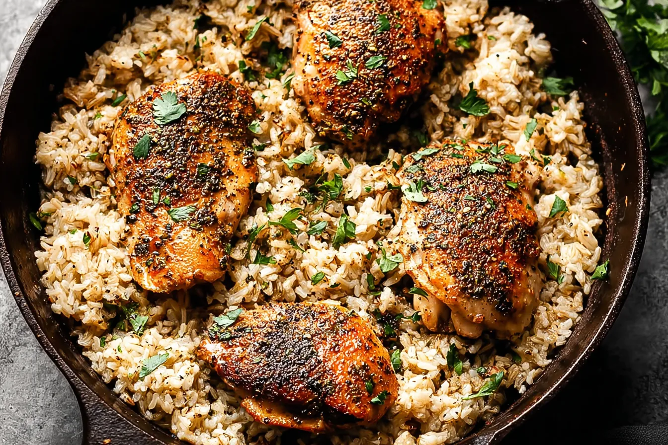 Garlic Butter Chicken Rice Bowls in Skillet
