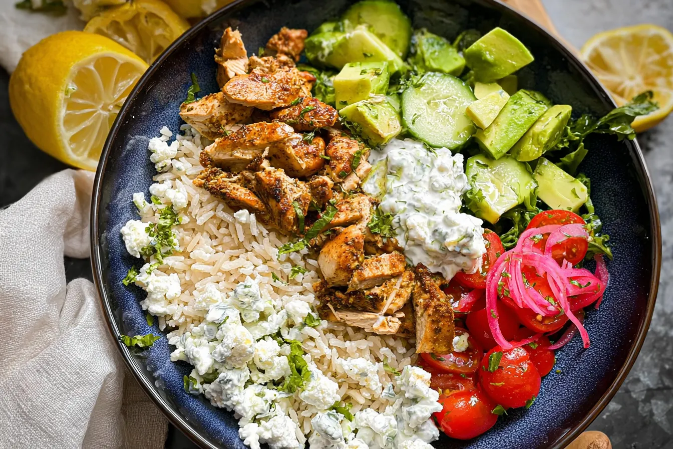 Greek Chicken and Brown Rice Bowl with Tzatziki