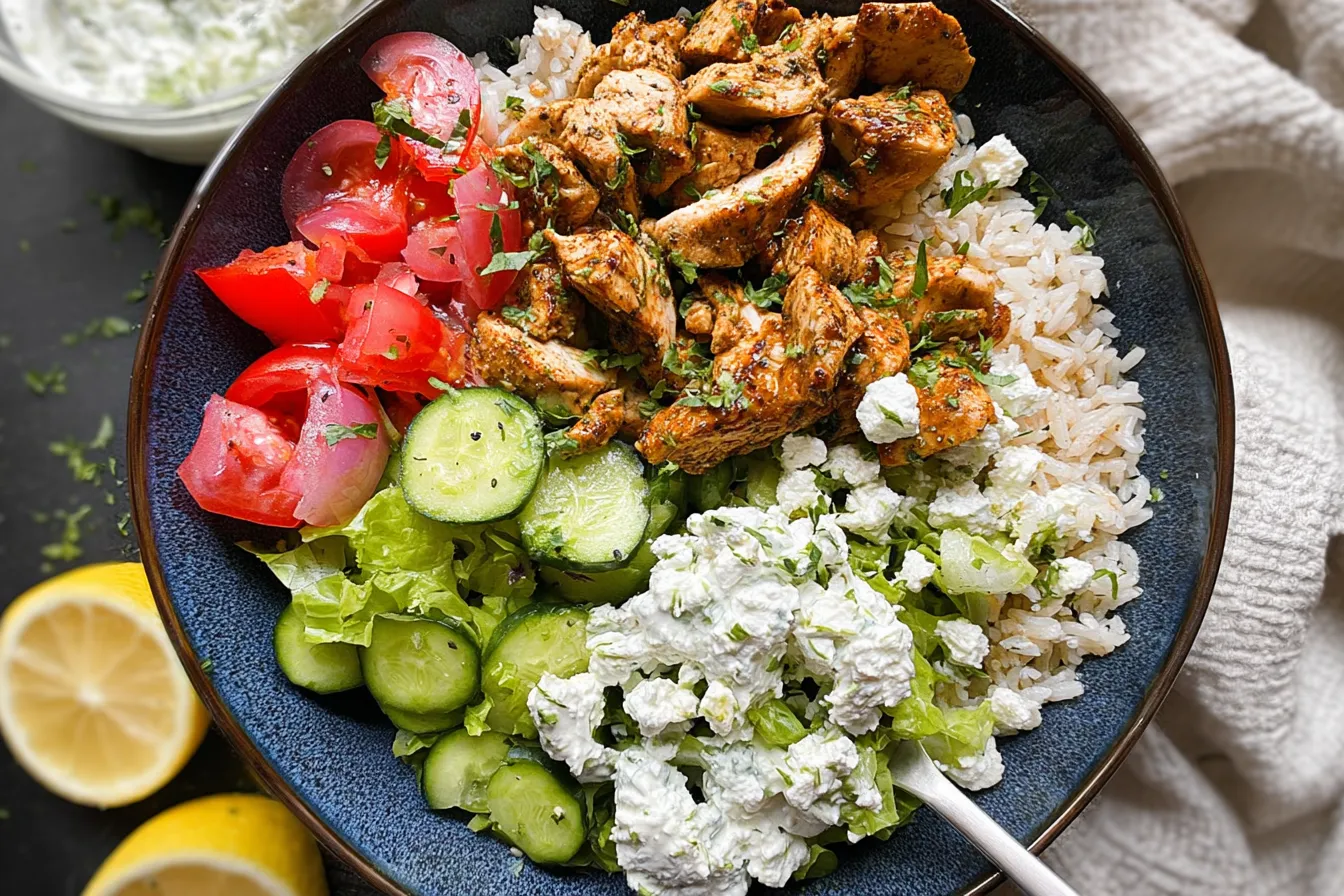 Greek Chicken and Brown Rice Bowls – Fresh tzatziki and cucumbers.