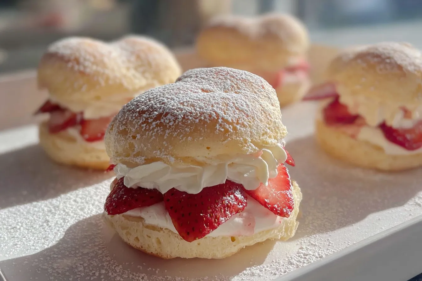 Heart Shaped Strawberry Cream Puffs on Vintage Plate