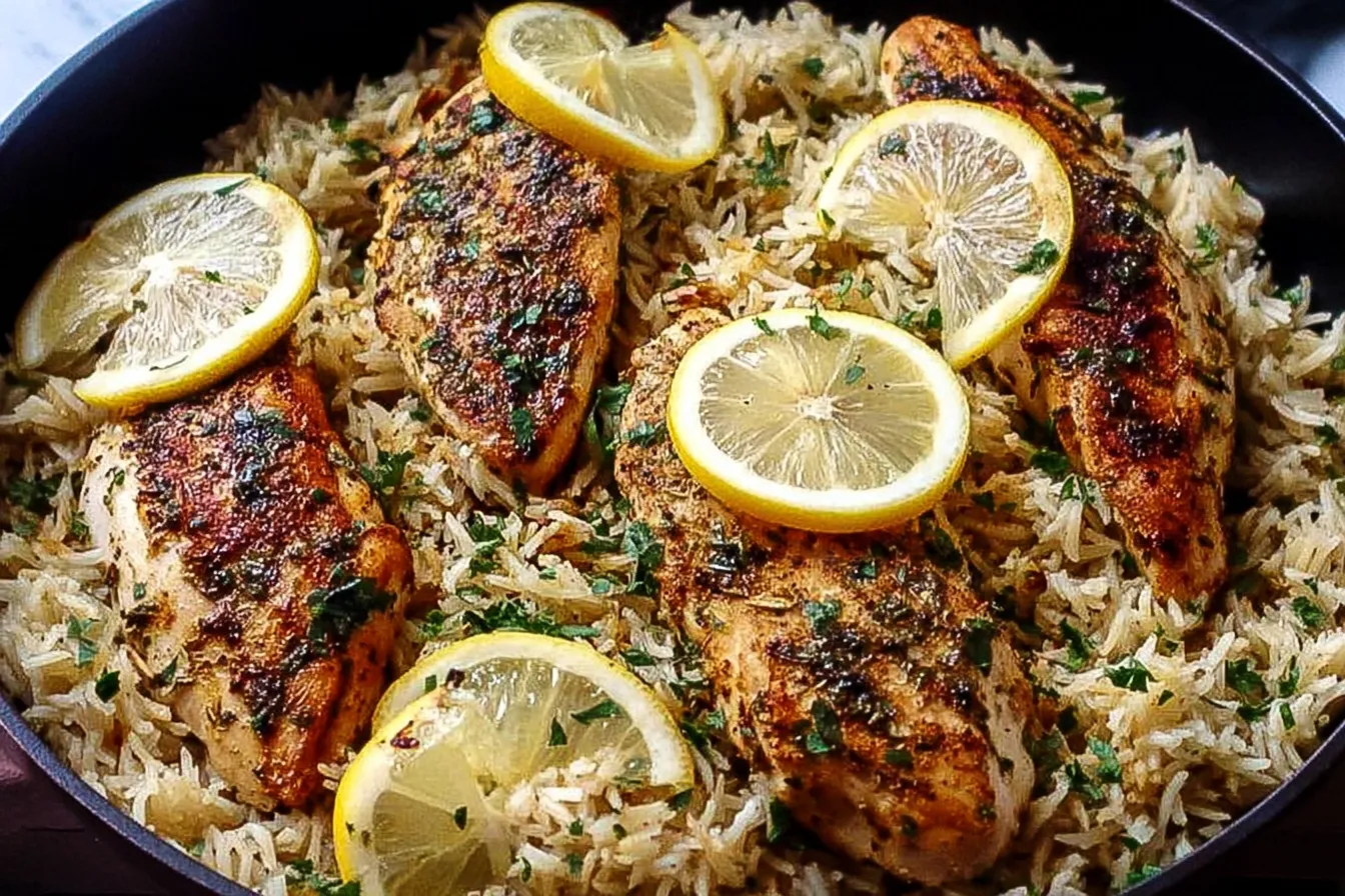 Lemon Herb Chicken and Rice - Delicious Plate Close-Up
