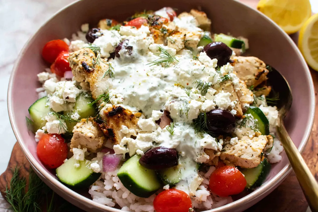 Mediterranean Chicken Rice Bowl with Olives and Feta