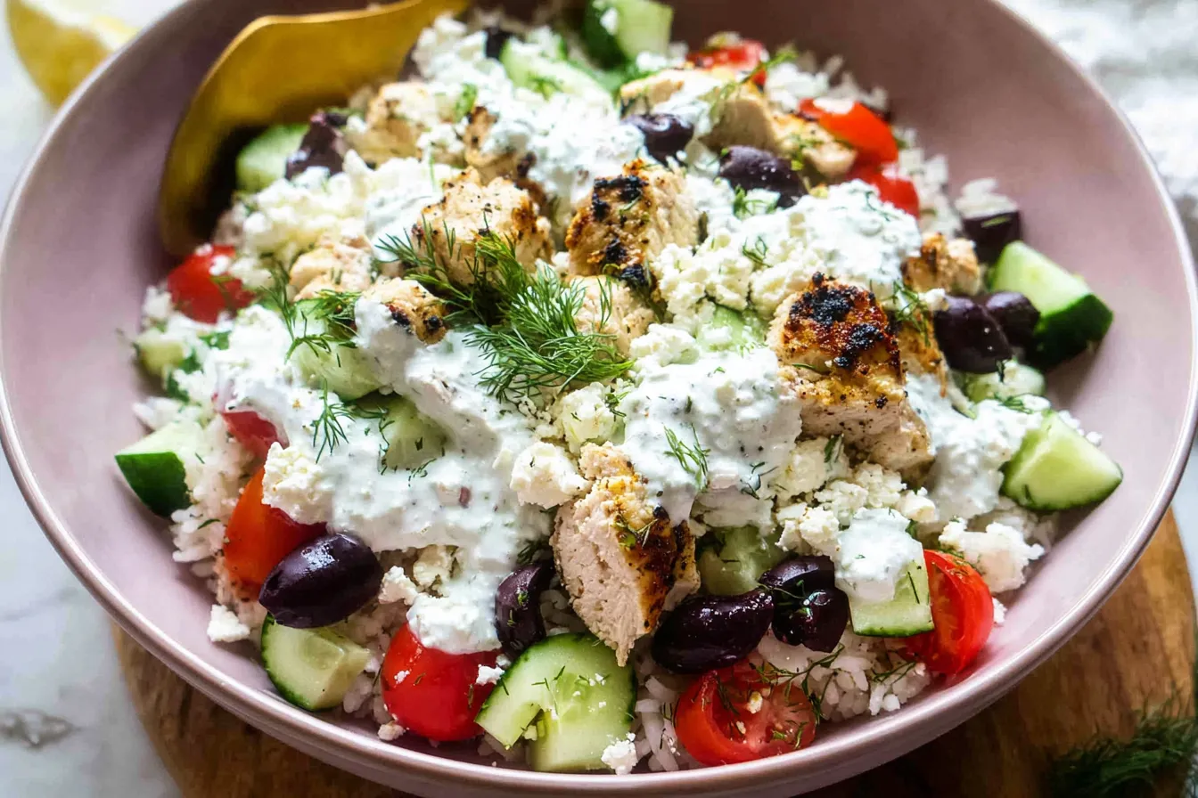 Mediterranean Chicken Rice Bowl – Olives, feta, and lemon dressing.