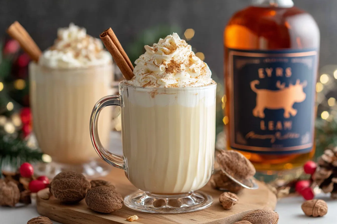 Non-Alcoholic Eggnog Punch – Creamy vanilla blend with nutmeg and whipped topping.