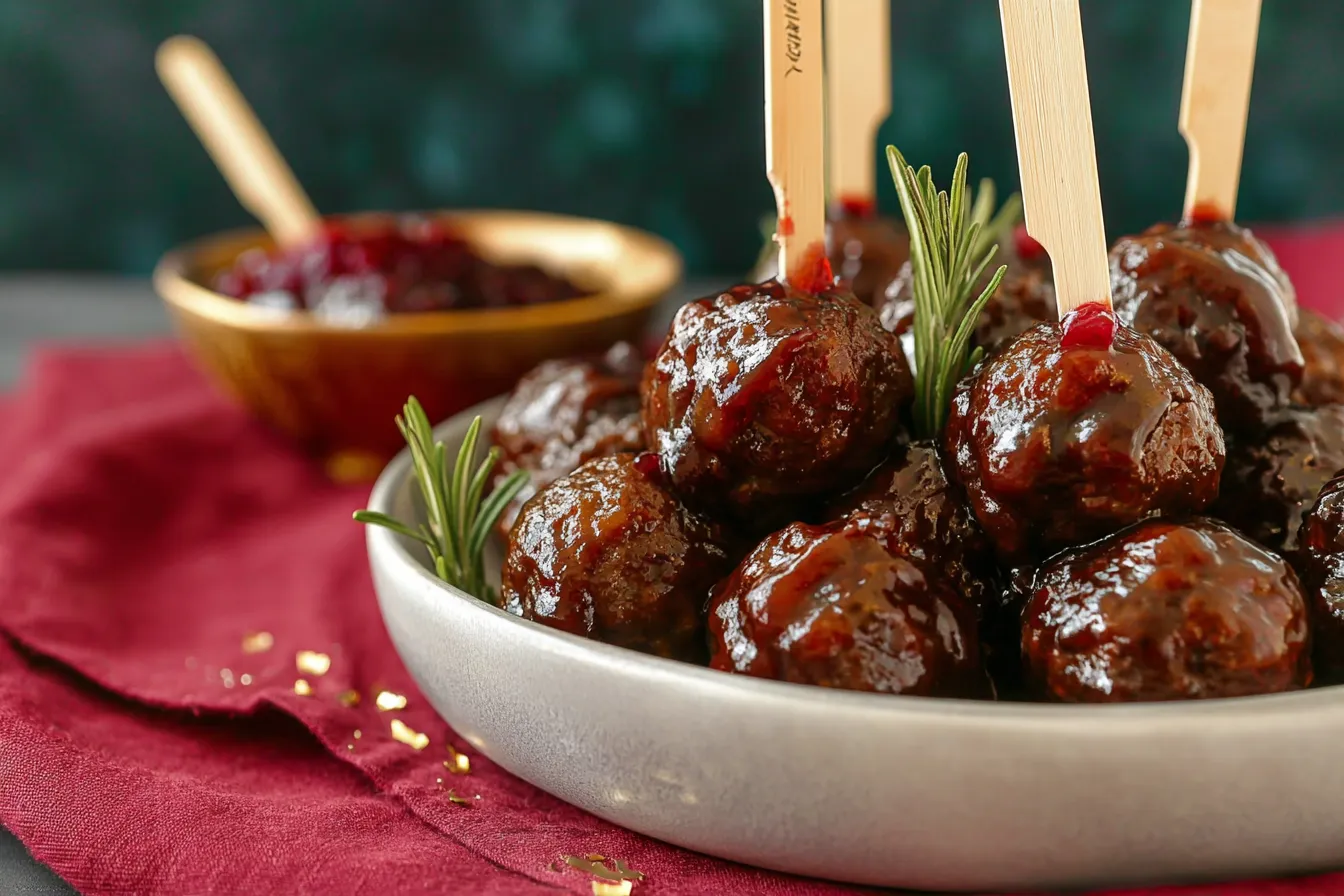 Colorful Party-Perfect Cranberry Meatball Bites on Toothpicks