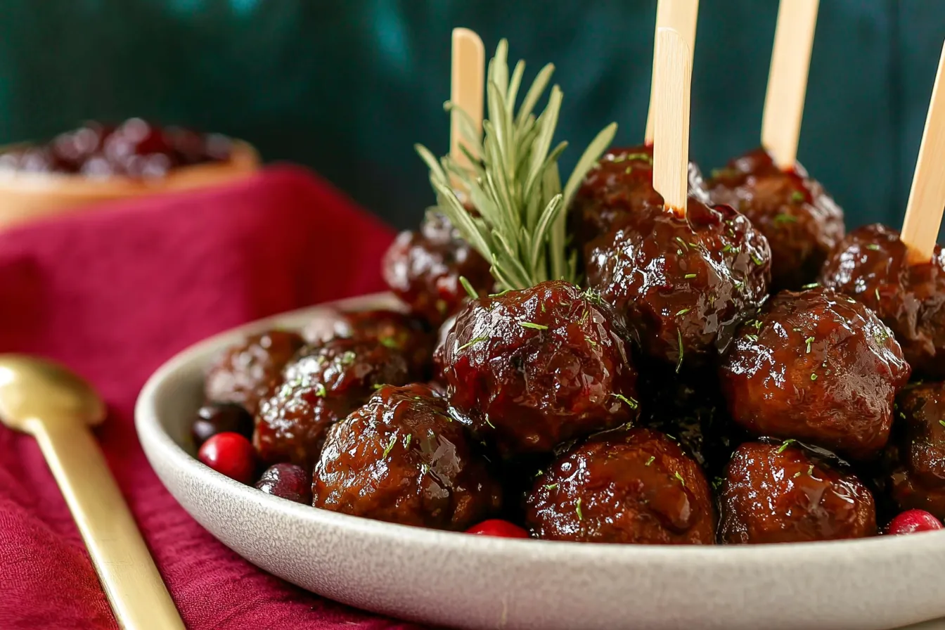 Party-Perfect Cranberry Meatball Bites – Served with toothpicks and festive herbs.
