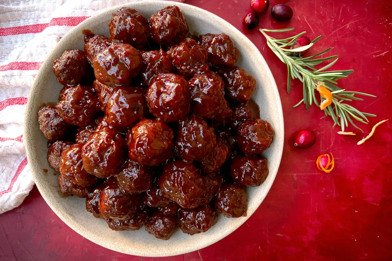 Delicious Slow Cooker Cranberry BBQ Meatballs on Serving Platter