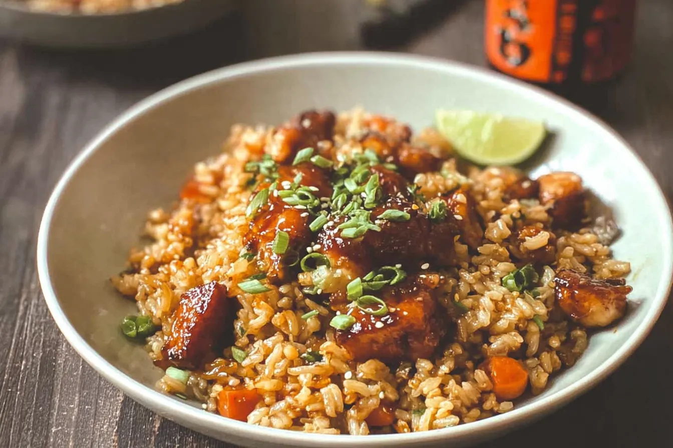 Delicious Sticky Honey Chicken and Rice on a Plate