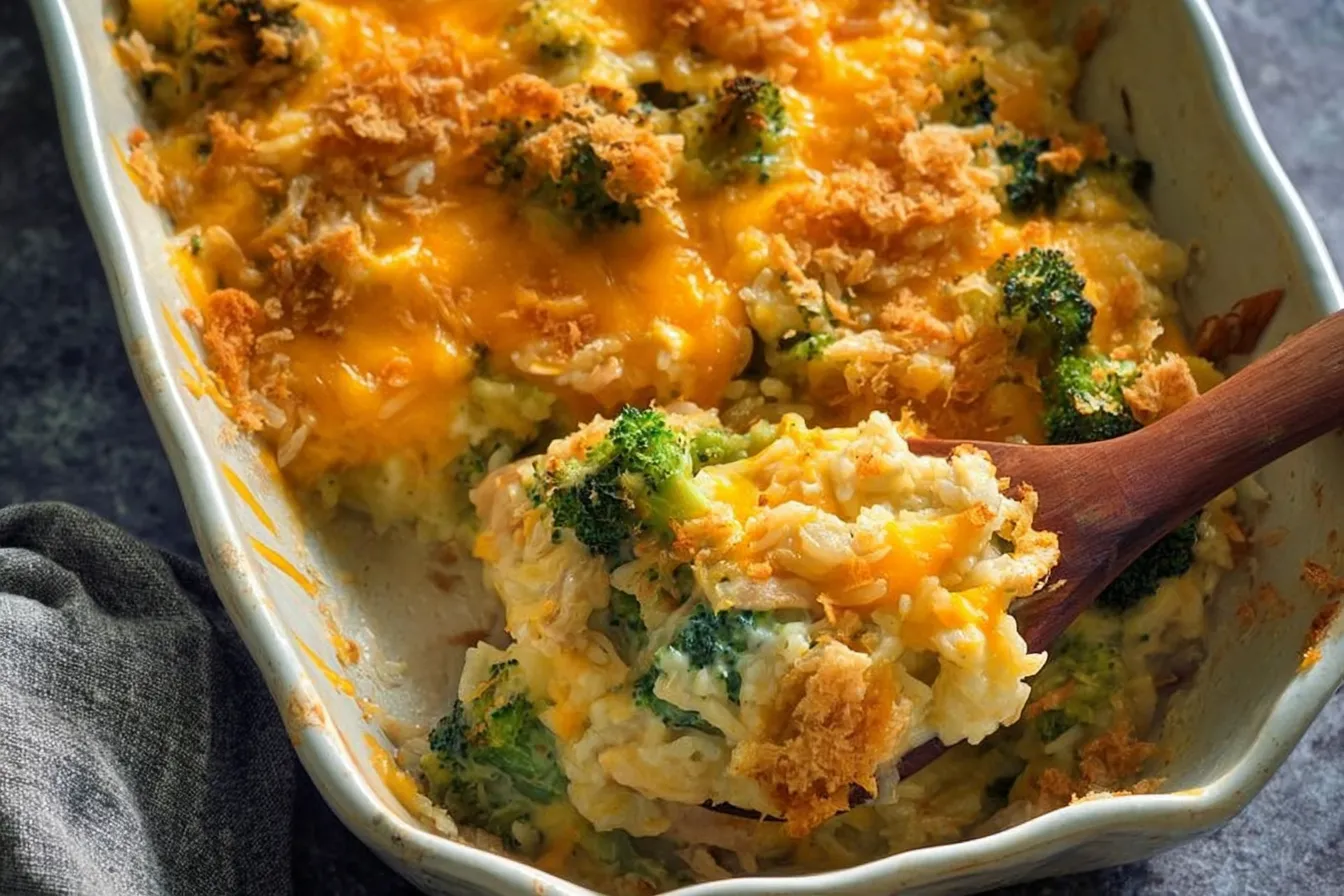 Cheesy Broccoli Chicken Rice Casserole — A classic comfort dish loaded with melty cheese