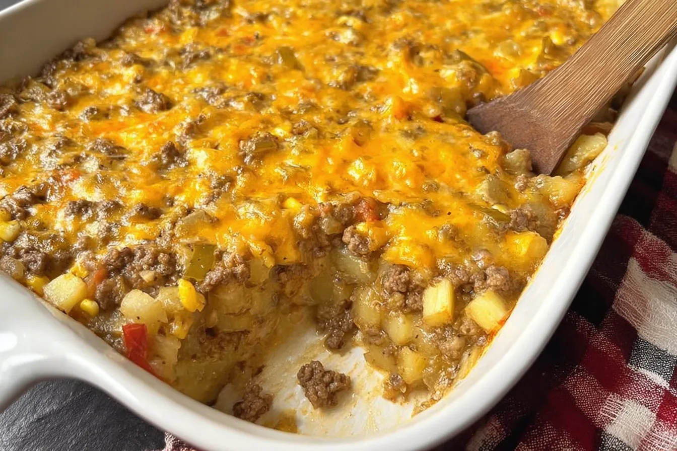 Cheesy Ground Beef and Potato Casserole Freshly Baked