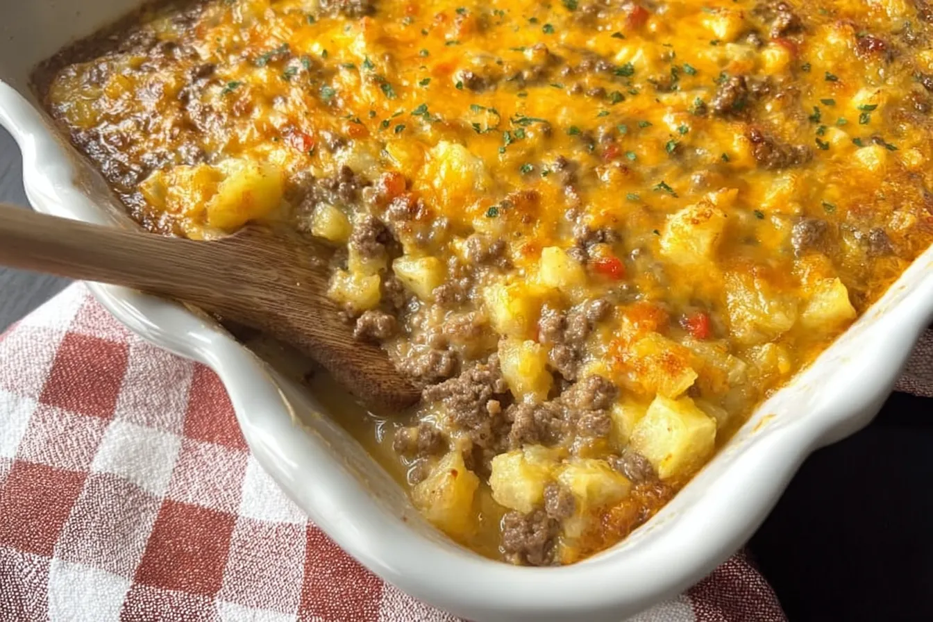 Cheesy Ground Beef and Potato Casserole — Classic one-pan meal layered with cheese and potatoes