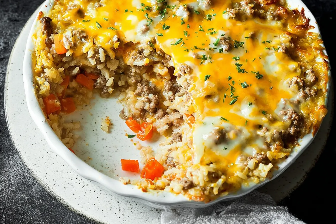 Creamy Cheesy Hamburger Rice Casserole Ready to Serve