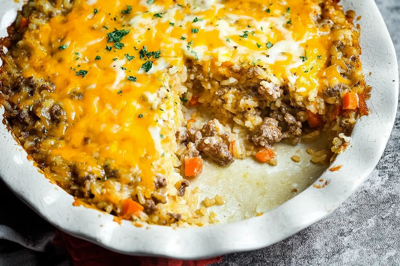 Cheesy Hamburger Rice Casserole — Creamy rice, beef, and cheese comfort classic