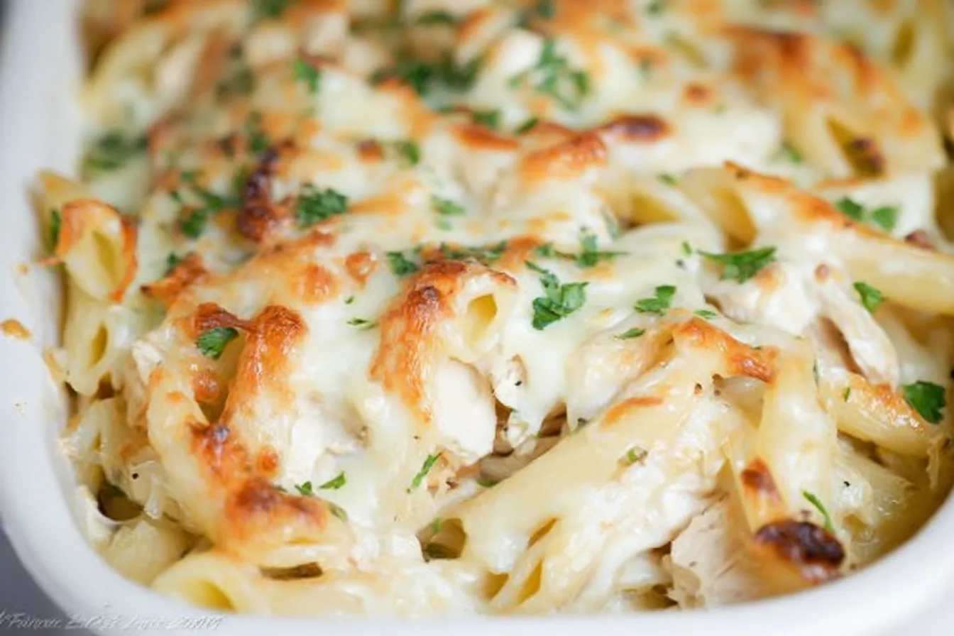 Chicken Alfredo Baked Ziti — A creamy, indulgent Italian-inspired casserole