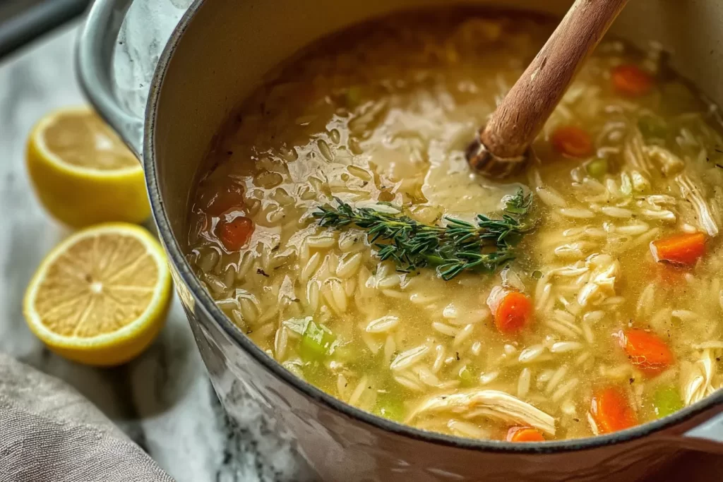 Bowl of Chicken and Orzo Soup with Lemon