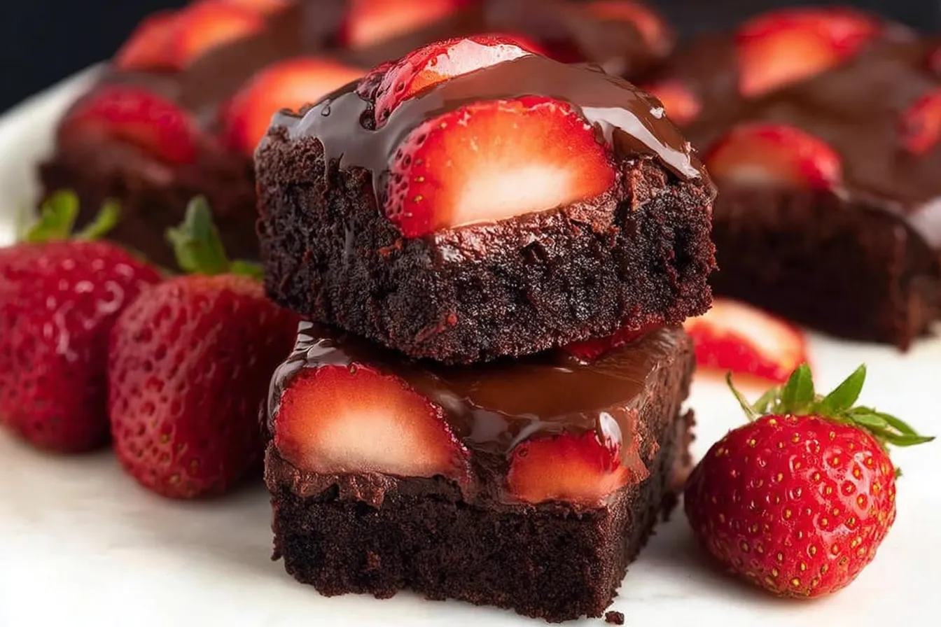 Chocolate Covered Strawberry Brownies — Fudgy brownies topped with dipped berries