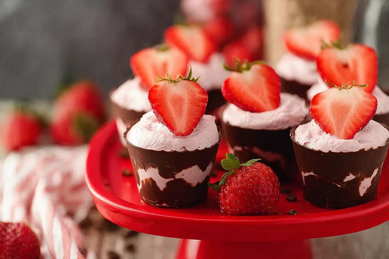 Chocolate Strawberry Dessert Cups — Layered strawberries and chocolate mousse