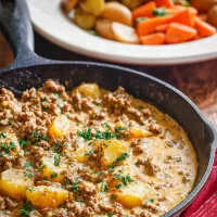 Creamy Ground Beef Potato Skillet on Dinner Table