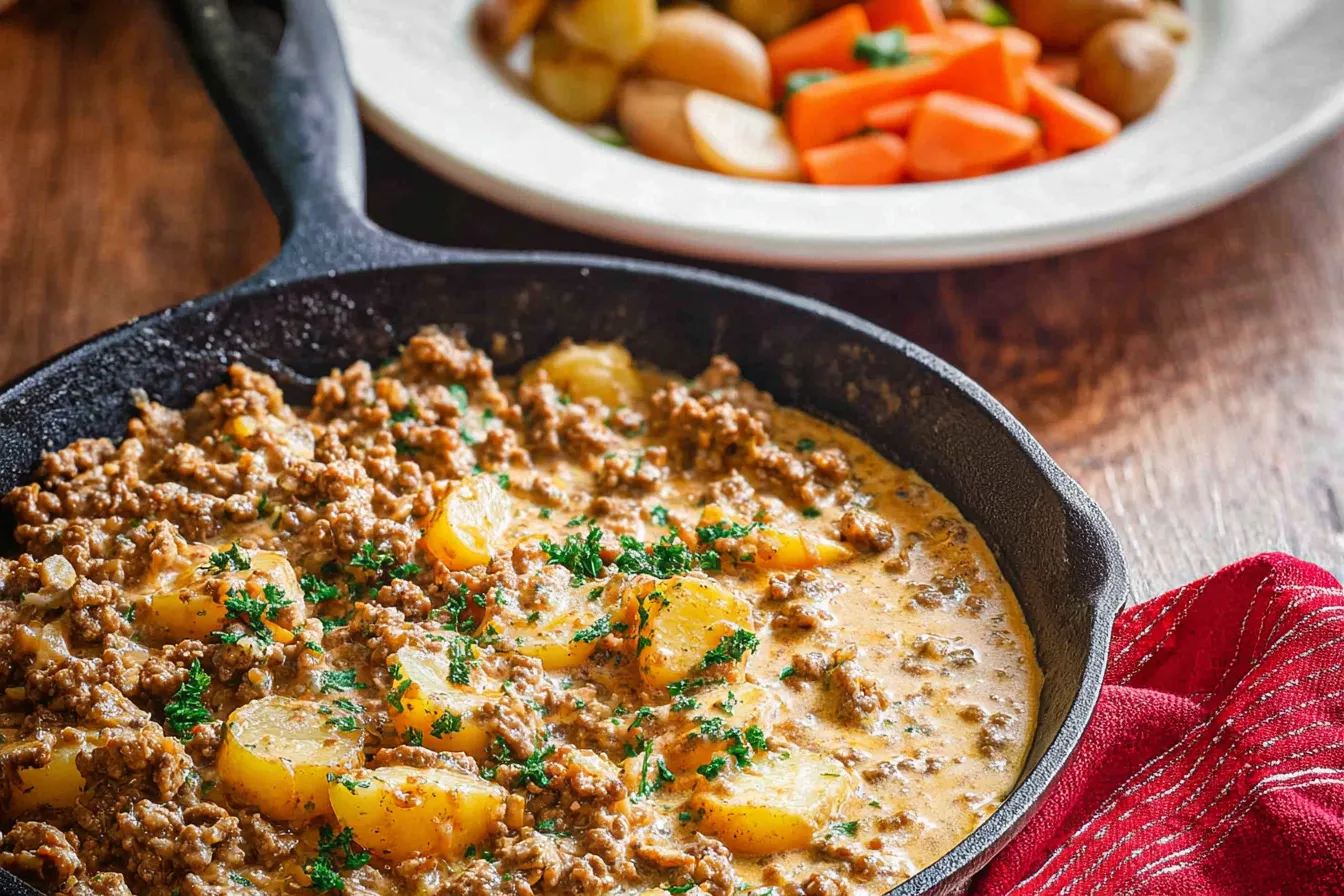 Creamy Ground Beef Potato Skillet on Dinner Table