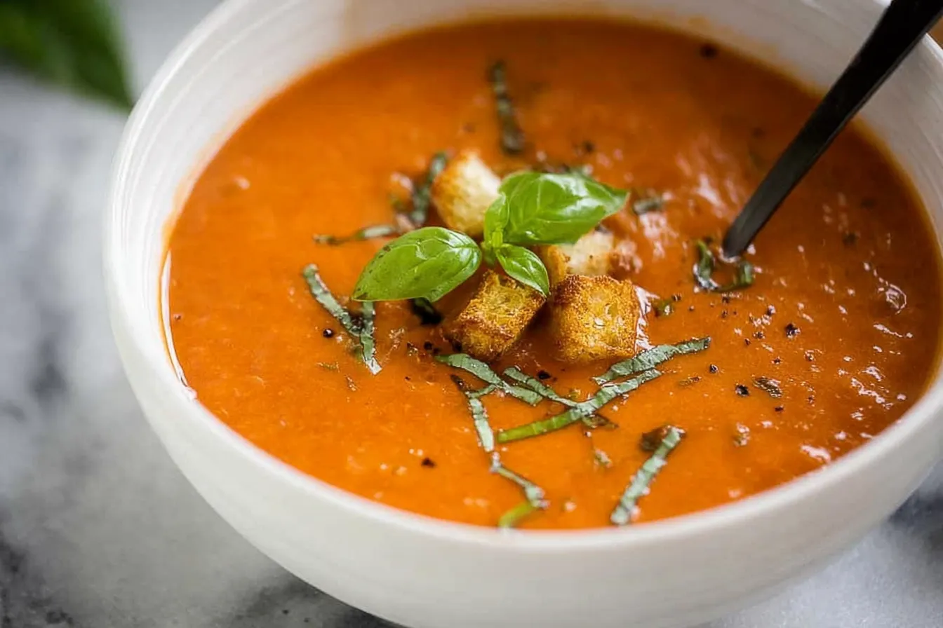 Creamy Tomato Basil Soup served with fresh basil