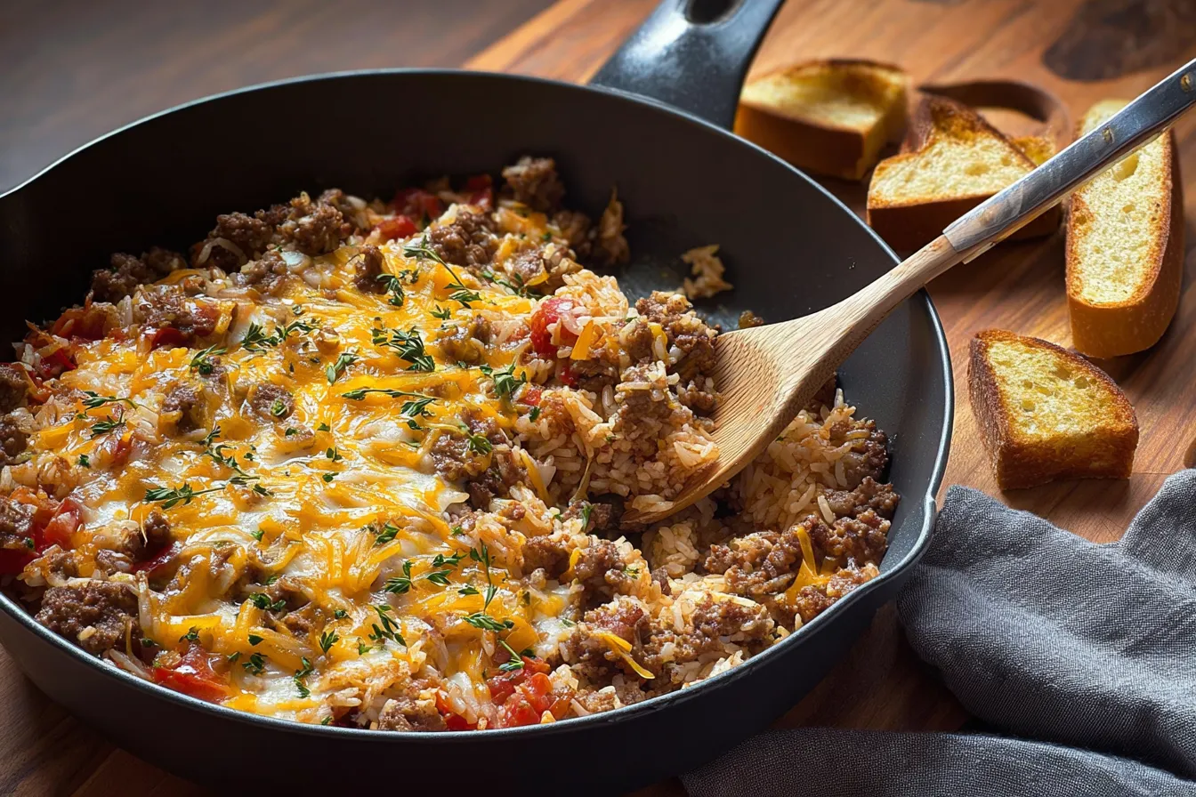 Easy Beef and Rice Bake — One-pan hamburger meat dinner Delight