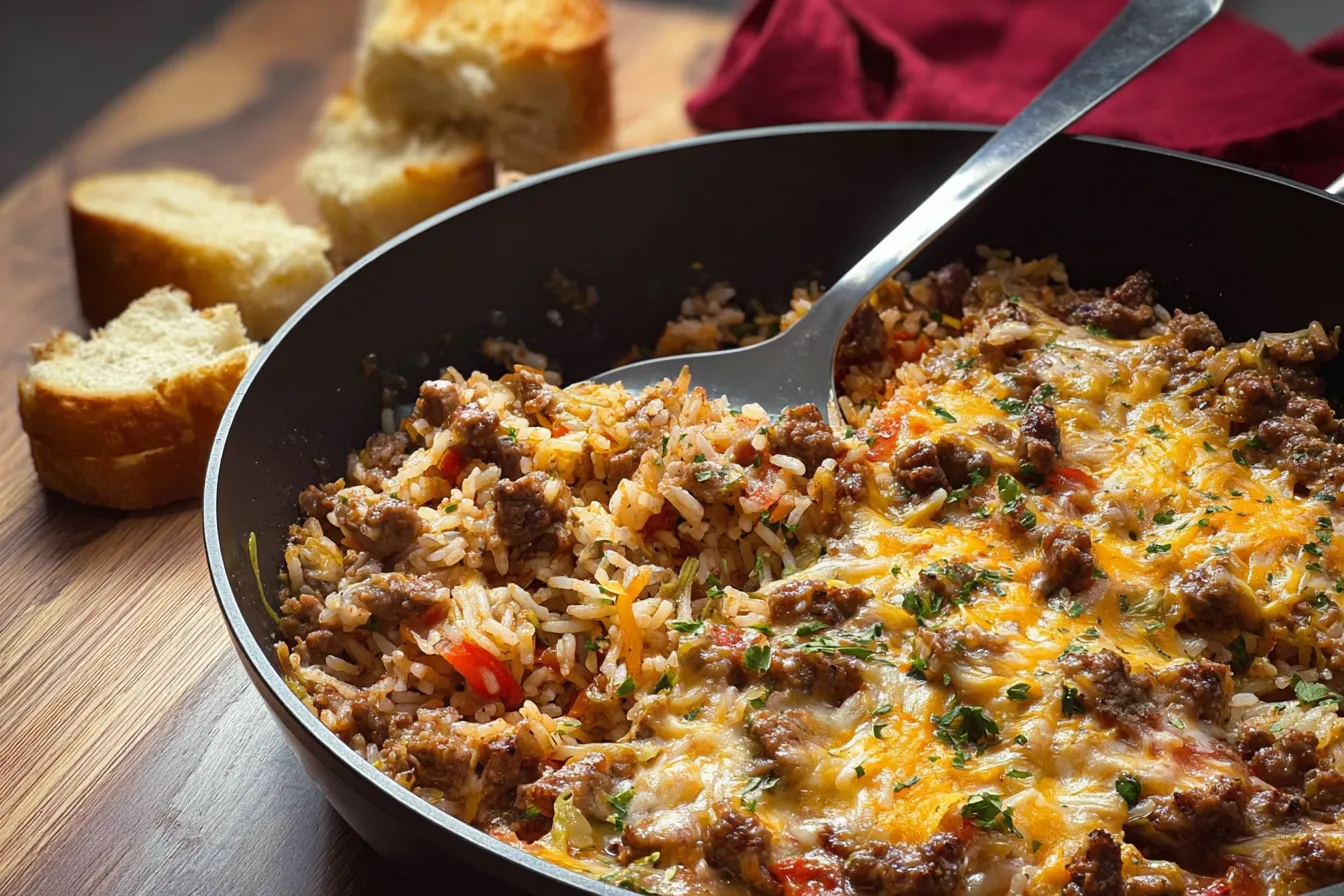 Easy Beef and Rice Bake — One-pan hamburger meat dinner