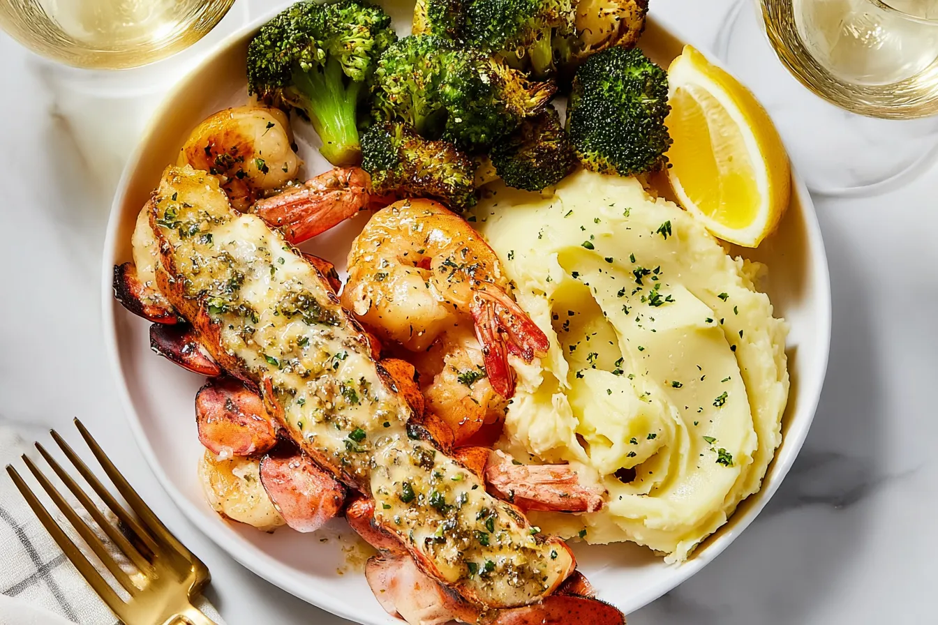 Garlic Butter Lobster and Shrimp Dish Served with Lemon