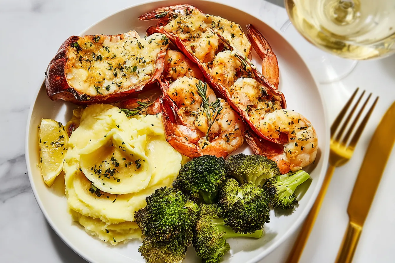Garlic Butter Lobster and Shrimp Dinner — Surf-and-turf style seafood meal