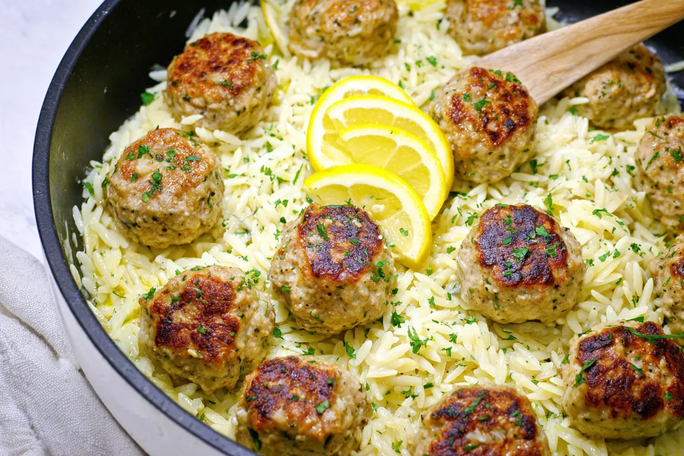 Juicy Greek Chicken Meatballs with Lemon Orzo on a Plate