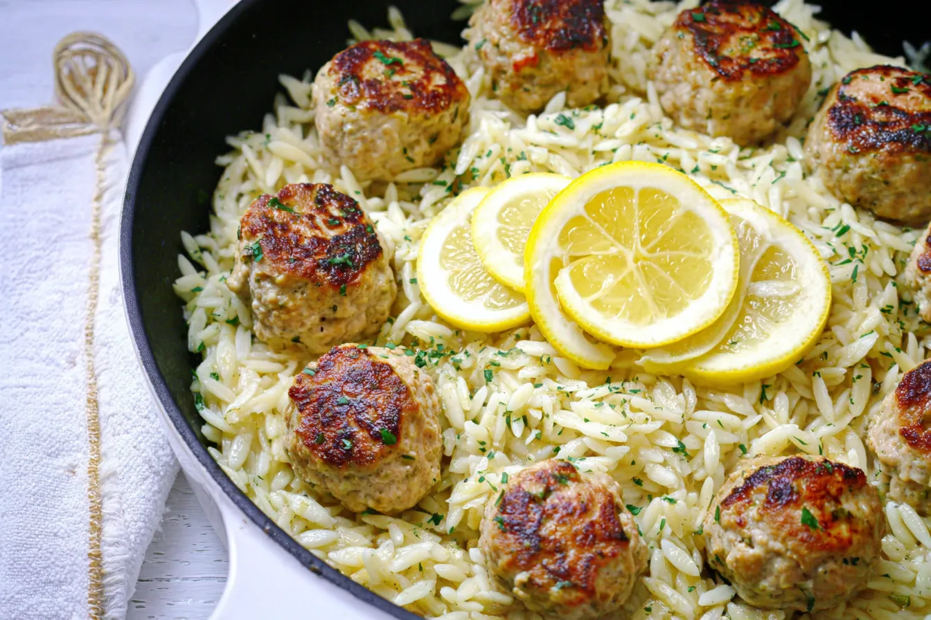 Greek Chicken Meatballs with Lemon Orzo — Juicy meatballs with bright Mediterranean flavor